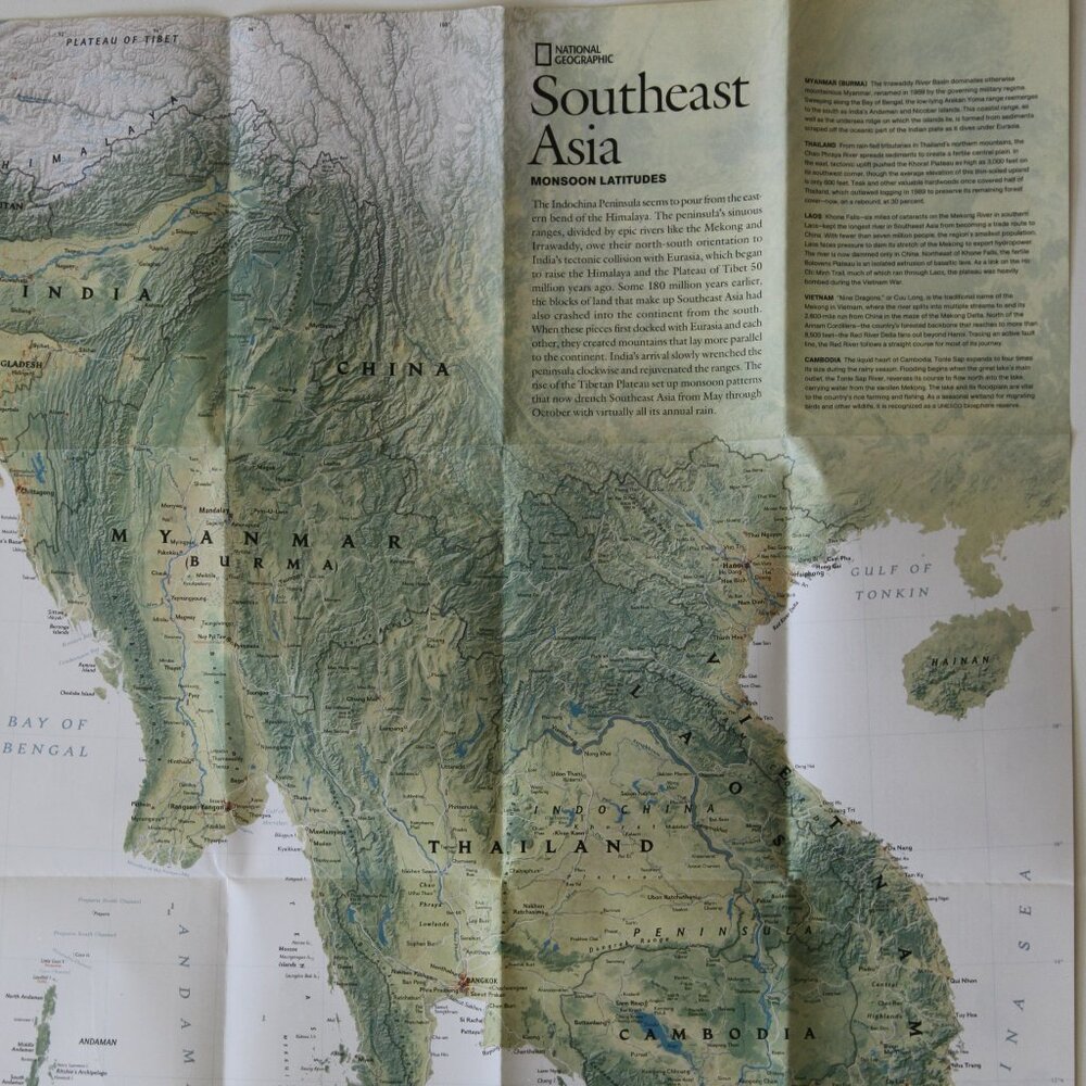 Vintage dual sided National Geographic "Map of Southeast Asia'/The Khmer Empire'
